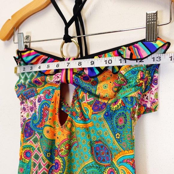 ABS Swimsuit 8 One Piece‎ Floral Paisley Colorful Ruffle Strappy Allen Schwartz - Picture 5 of 9